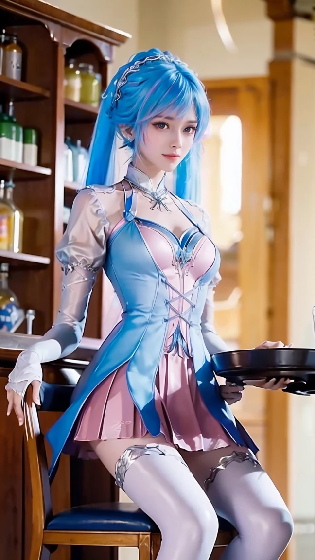 ((Shot in the knee)), ((From below)),A young girl, Wearing a skirt，At the bar, sit on the chair, Cross your legs, Posing elegantly, Detailed scenario, Messy long hair, Blush Blush, Beautiful slender legs, (Very high color saturation), details, Ultra Detailed, (masterpiece, Best quality), (Extremely exquisite and beautiful work), Delicate earrings, Exquisite necklace, Simple blur background, Extremely detailed description, Super Fine, Delicate face, slim body, Thin waist, (Grin), (Anatomically correct)，whole body，barefoot，Double tail，Colored hair，Blue and Pink Ombre Hair