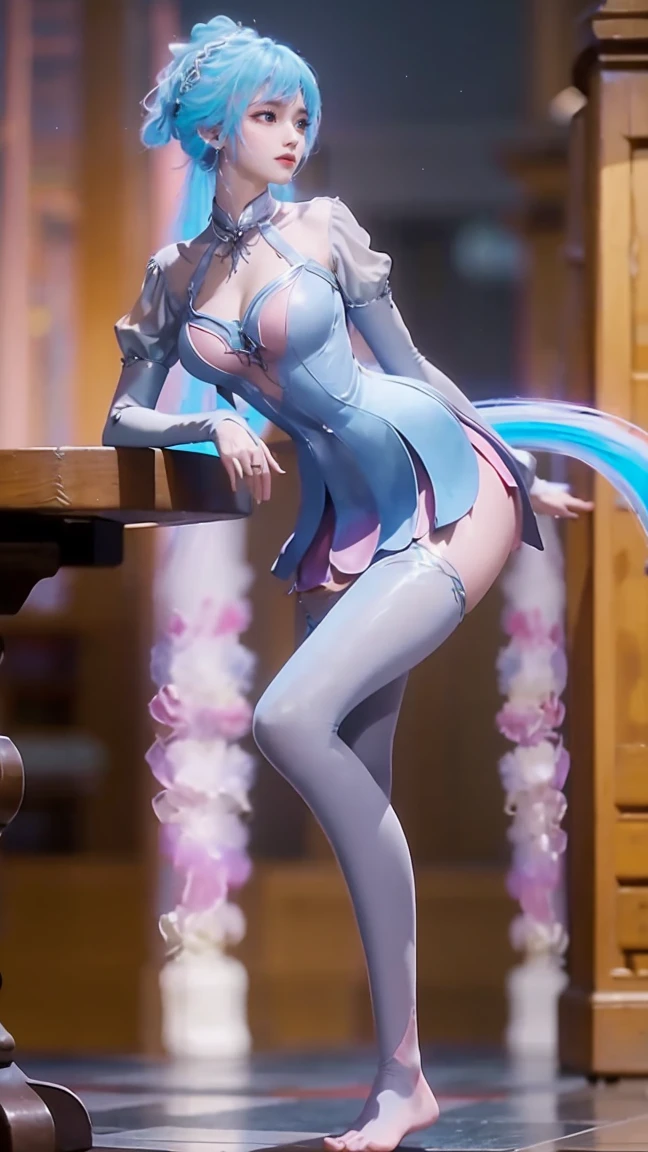 ((Shot in the knee)), ((From below)),A young girl, Wearing a skirt,At the bar, sit on the chair, Cross your legs, Posing elegantly, Detailed scenario, Messy long hair, Blush Blush, Beautiful slender legs, (Very high color saturation), details, Ultra Detailed, (masterpiece, Best quality), (Extremely exquisite and beautiful work), Delicate earrings, Exquisite necklace, Simple blur background, Extremely detailed description, Super Fine, Delicate face, slim body, Thin waist, (Grin), (Anatomically correct),whole body,barefoot,Double tail,Colored hair,Blue and Pink Ombre Hair