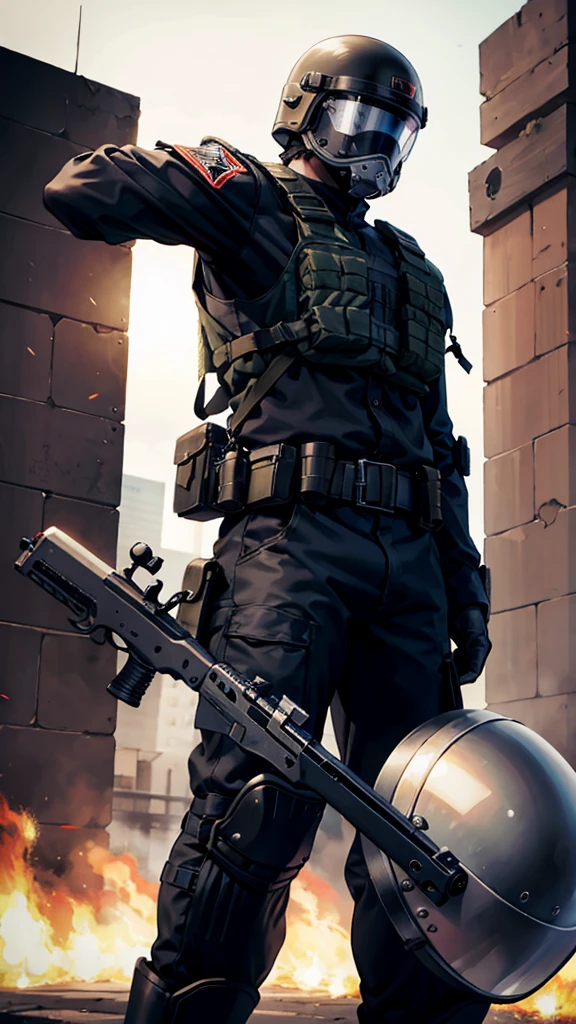 armed guard with helmet and riot shield looking angry at me