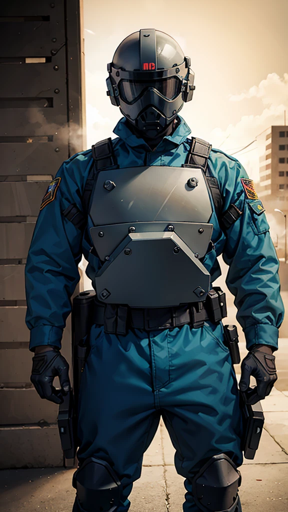 armed guard with helmet and riot shield looking angry at me