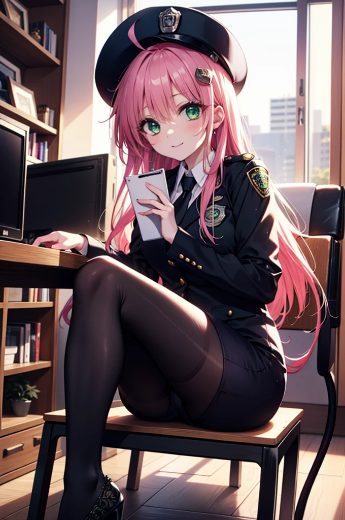 Lara Deviluke, Lara Deviluke, Long Hair, Pink Hair, tail, Ahoge, bangs, hair ornaments, (Green Eyes:1.5), smile,blush,Open your mouth,demon tail,Police hat with black rimmed glasses,Sexy police uniform,Black pencil skirt, black pantyhose,Stiletto heels,sitting cross-legged on a chair,There is a computer on the table,interior,whole bodyがイラストに入るように,
break outdoors, office
break looking at viewer,whole body,
break (masterpiece:1.2), Highest quality, High resolution, unity 8k w全てpaper, (shape:0.8), (beautiful detailed eyes:1.6), extremely detailed face, Perfect lighting, extremely detailed CG, (Perfect hands, Perfect Anatomy),