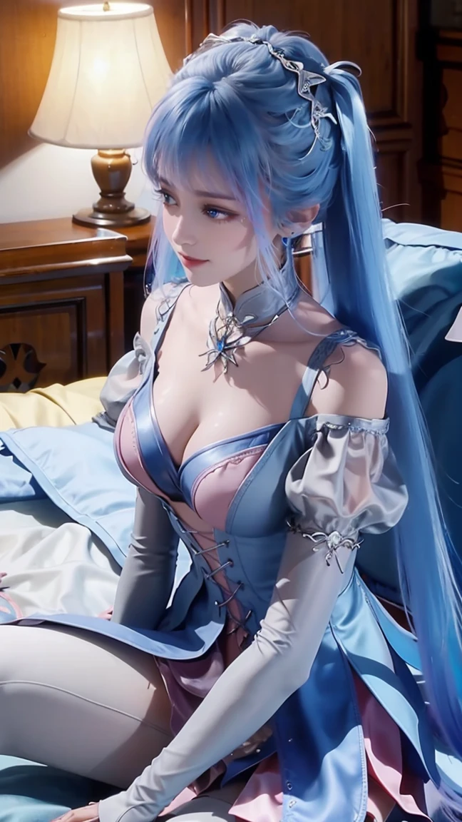 一个女孩Lying in bed,Face up,Raise your legs slightly,Front view super detailed beautiful big breasted girl 16 years old. Ultra HD, 4K, 8K, Movie,whole body,Lying down,Long legs,Very big breasts,whole body捕捉,(((Lying in bed))),(((whole bodyLying in bed))),big bed,Off-shoulder,Shoulder to shoulder,Lying in bed,Sleeping on the pillow,Lying down,Headrest pillows,,Double tail,Colored hair,Blue and Pink Ombre Hair