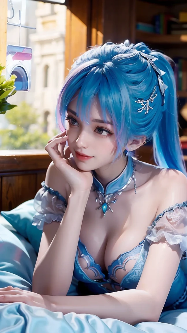 一个女孩Lying in bed,Face up,Raise your legs slightly,Front view super detailed beautiful big breasted girl . Ultra HD, 4K, 8K, Movie,whole body,Lying down,Long legs,Very big breasts,whole body捕捉,(((Lying in bed))),(((whole bodyLying in bed))),big bed,Off-shoulder,Shoulder to shoulder,Lying in bed,Sleeping on the pillow,Lying down,Headrest pillows,,Double tail,Colored hair,Blue and Pink Ombre Hair