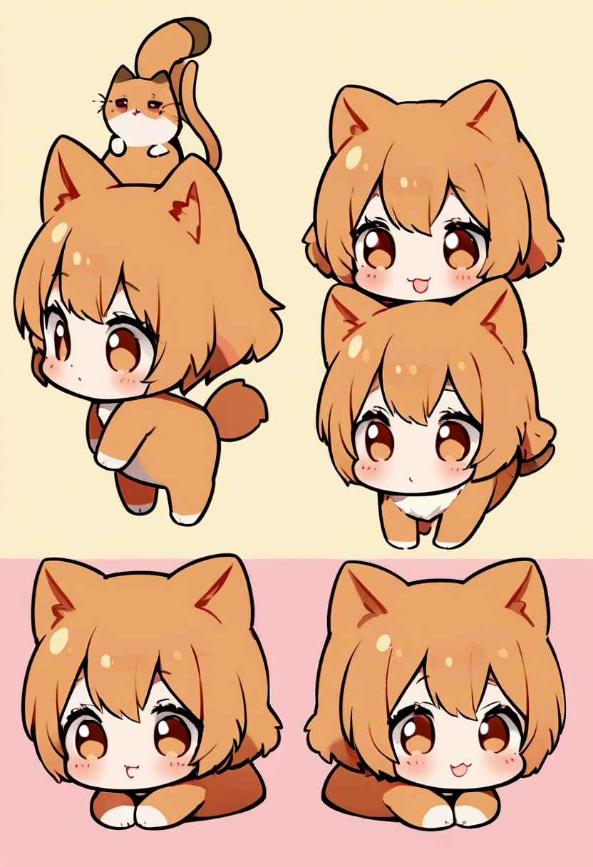 List of illustrations of cute tortoiseshell cat poses, chibi characters, display several side by side, cute colors and poses, best image quality