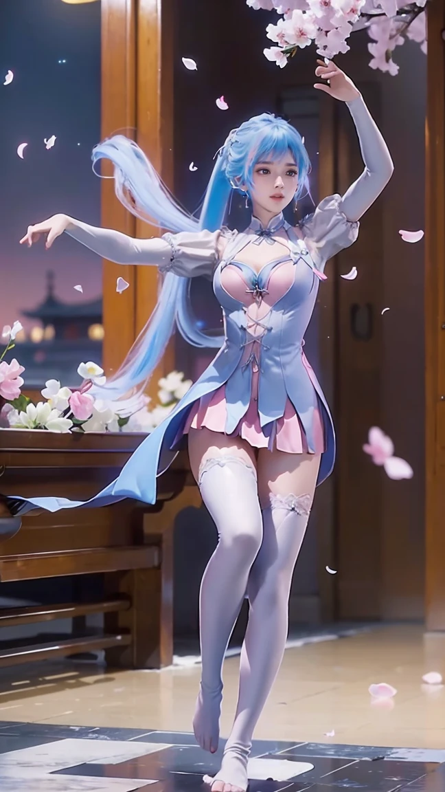 (Logo、masterpiece、8K、On the table、RAW photos、wonderful、最high quality、Photorealistic and hVery detailed CG integrated 8K wallpaper、high quality、Very detailed、Narrative Poems、Particle Effects、dynamic effect)、fantasy、 (1 beautiful woman、Pretty Face、serious、Beautiful and delicate eyes、Beautiful skin、Woman dancing gracefully:1.4)、头发在wind中飘舞、hair jump、camisole、Silver earrings、night、wind、snow and 霜、Very cold winter day、Bathtub side、wonderful scenery、美丽的自然wind光、night sky、wind、Cherry blossoms、Cherry blossomsの花びらが舞っている、Fubuki Sakura、Falling Flowers,Suspender Pajamas,Lace-edged pajamas,Full body capture,Double tail,Colored hair,Blue and Pink Ombre Hair