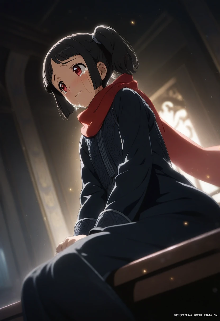 1girl shirosato, official art, sitting, crying, tears streaming, black coat, red scarf, black hair, side_ponytail, red eyes, (very aesthetic, best quality, ultra detailed), intricate details, highres, indoors, light particles, close-up, blurry background,, low angle, cinematic angle, cowboy shot, emotional, delicate features