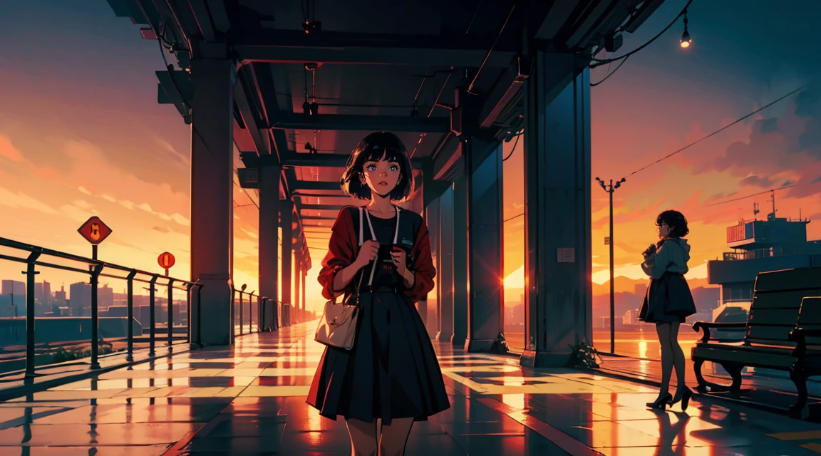 New modern airport, Watching an airplane, It has a nice atmosphere, Adult women, Trunk Case ,Perfect Face, A melancholic look, (Backlight: 1.1), A scene from a movie, Soft Shadows, masterpiece, Highest quality, Complex, Model shooting style, Vintage, Film Grain, Wide Shot、Red lipstick