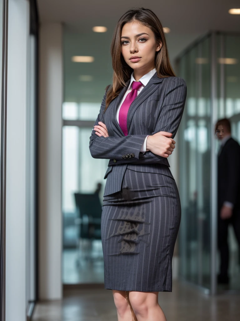 (masutepiece,High quality,16k:1.1),(depth of fields:1.3) ,((front body:1.35)), Ukrainian ,Woman, blonde,makeup,((business suit, black vertical striped pencil skirt )), voluptuous, thicc,(arms crossed:1.5) (wetting herself:1.5), (desperation:1.75),standing ,necktie peeing self, wetting her clothes