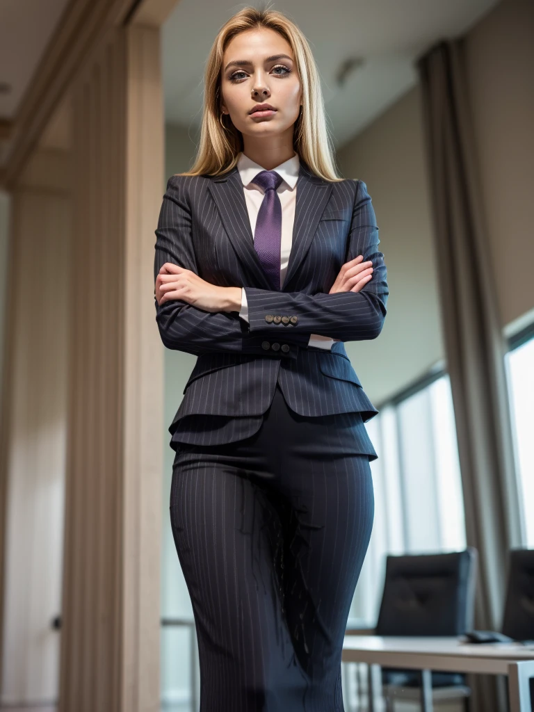 (masutepiece,High quality,16k:1.1),(depth of fields:1.3) ,((front body:1.35)), Ukrainian ,Woman, blonde,makeup,((business suit, black vertical striped pencil skirt )), voluptuous, thicc,(arms crossed:1.5) (wetting herself:1.5), (desperation:1.75),standing ,necktie peeing self, wetting her clothes
