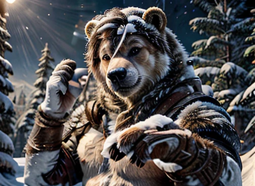  Professional retro-style photograph of a humanoid polar bear is hunting its food . In the scenario there are immense frozen mountains. The soil and frozen environment, snow covered, icy storm , urso polar pelugem branco  🐻‍❄️ 🤍, gesturing with hands towards the viewer communicating with hands towards the viewer, expressing yourself , black background, studio chiaroscuro technique, ultra-realistic and highly detailed. Retro-style lighting can be applied as needed.