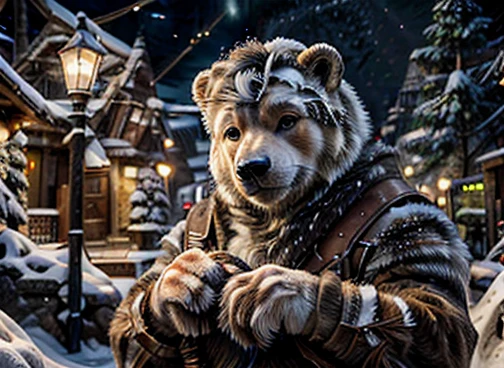 Professional retro-style photograph of a humanoid polar bear is hunting its food . In the scenario there are immense frozen mountains. The soil and frozen environment, snow covered, icy storm , urso polar pelugem branco 🐻❄️ 🤍, gesturing with hands towards the viewer communicating with hands towards the viewer, expressing yourself , black background, studio chiaroscuro technique, ultra-realistic and highly detailed. Retro-style lighting can be applied as needed.