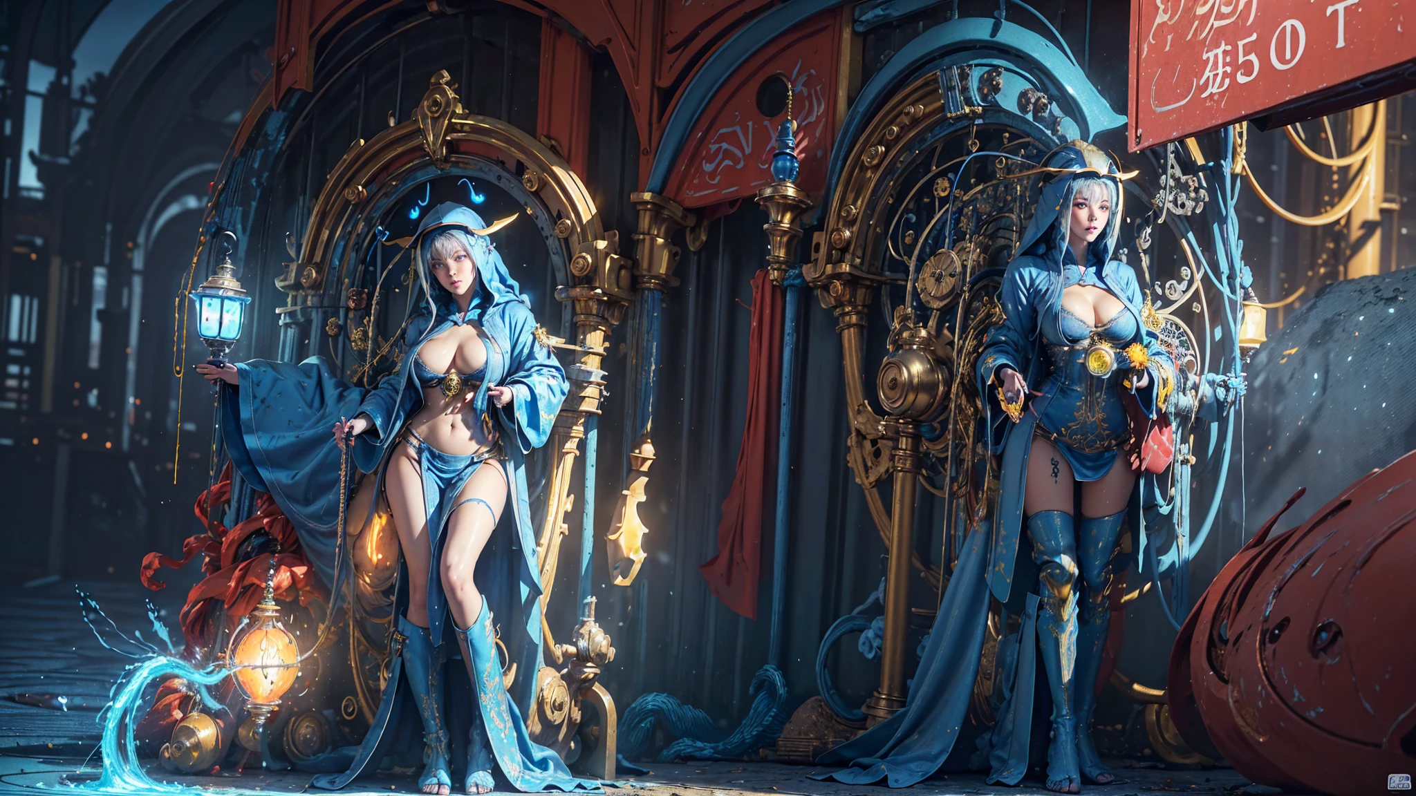 very big tits ((Masterpiece, The best quality)), illustration, 8K ultra detailed, realist, clear focus, Very detailed, Professional lighting, colorful details, Rainbow color break, high rise factory, large mechanical robot structure, tablet, computer, ((glow)), intricate details, shitu-mecha, 1 girl, mecha, belly button, color image, (cyberpunk), (bluer hair: 1.2) big tits very sexy very big tits extremely big tits big cameltoe cameltoe cameltoe big cameltoe big,light blue yellow hair,Yellow hair, ((techpriest)), mechanical arms, obtained mechanic, Big fully naked. ((washed up red flowing modest ornate hooded technopriest dress, Dirty (red robes with oil stain)))