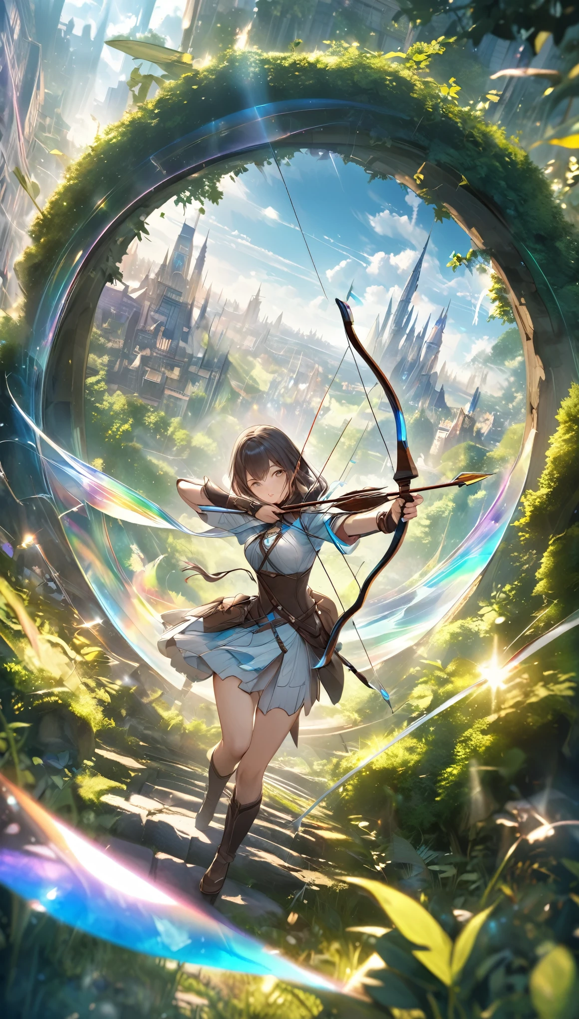 best quality, super fine, 16k, 2.5D, delicate and dynamic depiction, beautiful game character archer shoots with sacred bow and arrow, transparent and translucent and iridescent barrier creating crack, game production effects, the mysterious background of forest and city coexistence, fantasy world, prime lenses, lens filters, clear subject