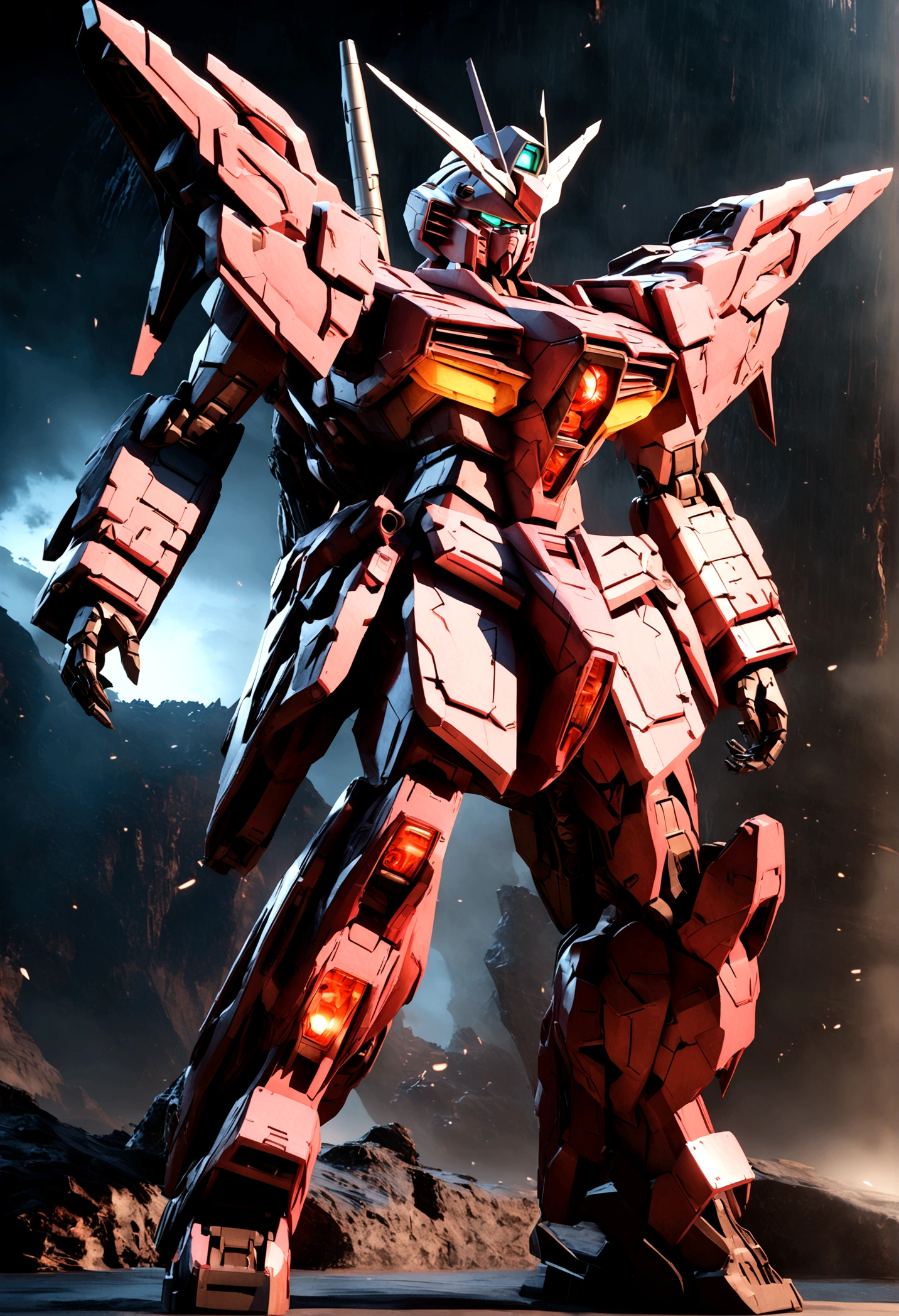 Highly detailed futuristic Gundam mechs, extremely complex mechanical design, glowing cybernetic elements, intricate machinery, sleek and angular body shapes, metallic sheen, powerful and imposing presence, dramatic lighting, cinematic compositions, dark and gloomy sci-fi atmosphere, dystopian setting, surreal 3D rendering, 8K, photorealistic, masterpiece, alien, erosion, fusion, powered suit