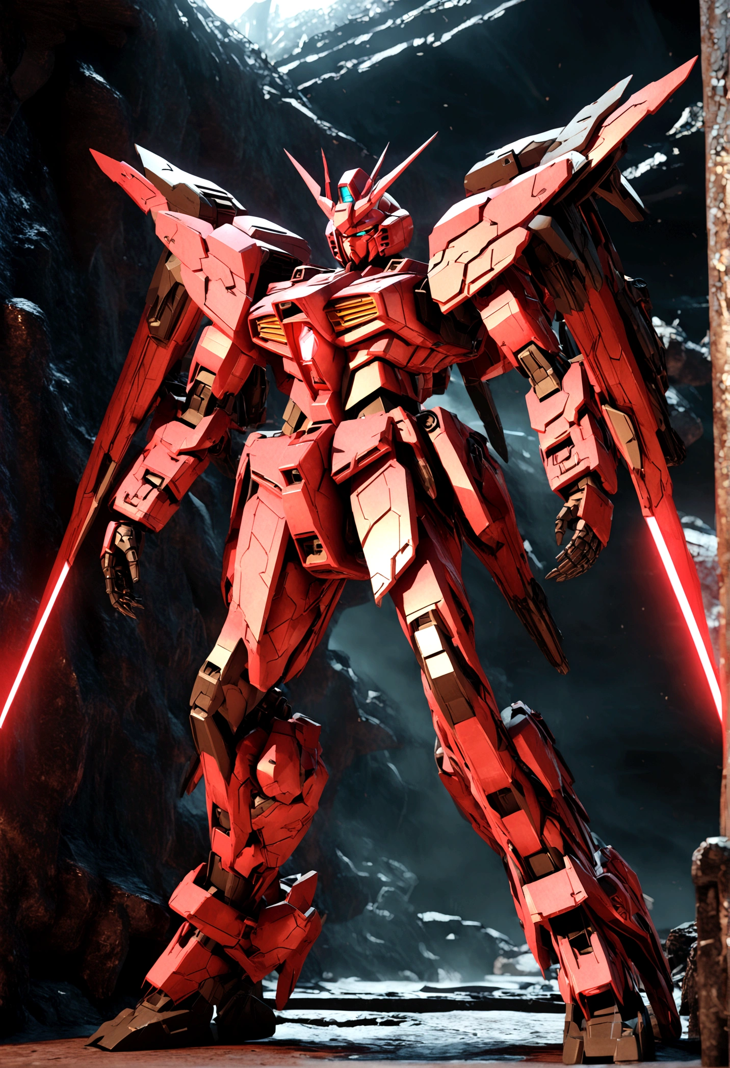 Highly detailed futuristic Gundam mechs, extremely complex mechanical design, glowing cybernetic elements, intricate machinery, sleek and angular body shapes, metallic sheen, powerful and imposing presence, dramatic lighting, cinematic compositions, dark and gloomy sci-fi atmosphere, dystopian setting, surreal 3D rendering, 8K, photorealistic, masterpiece, alien, erosion, fusion, powered suit