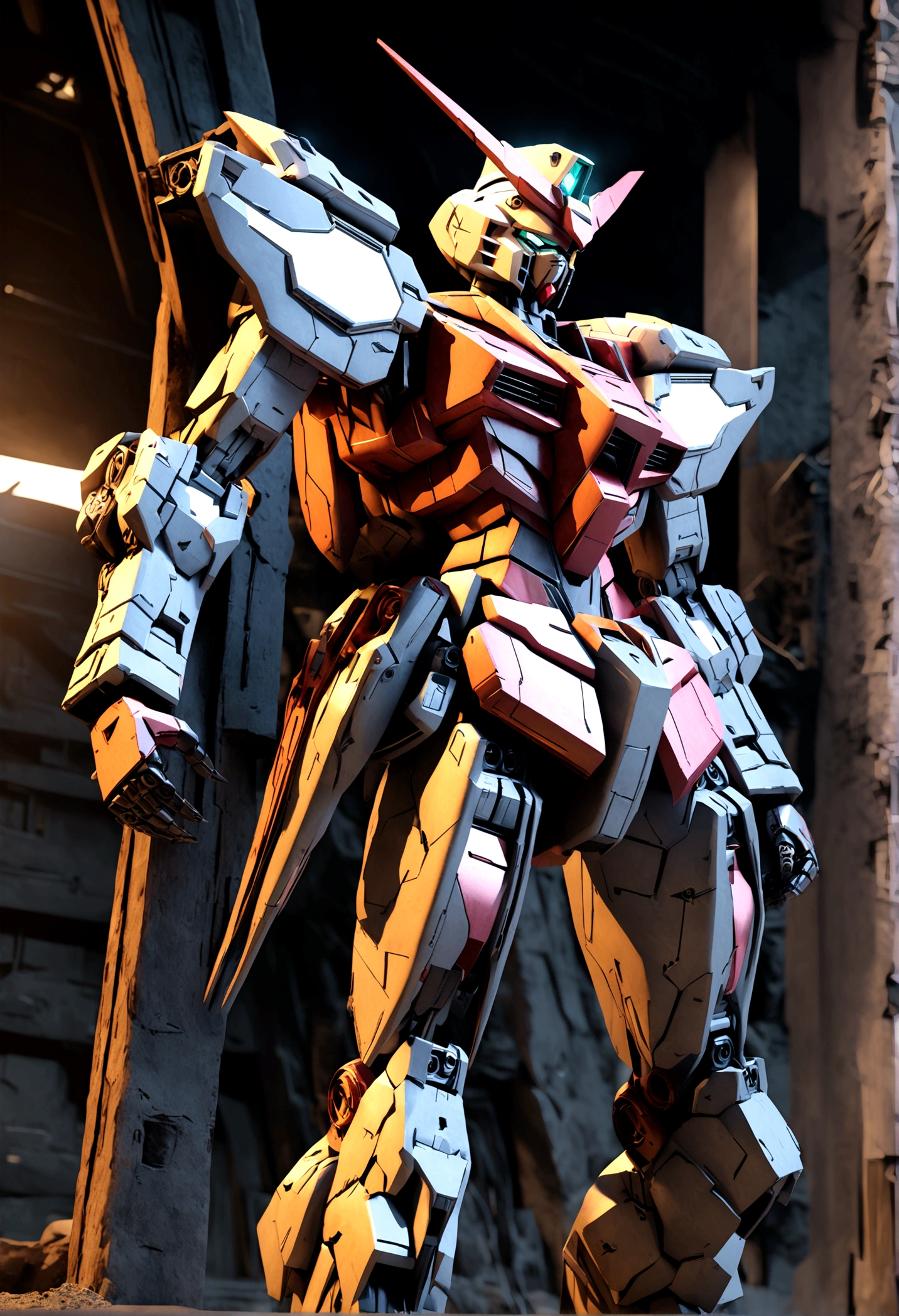 Highly detailed futuristic Gundam mechs, extremely complex mechanical design, glowing cybernetic elements, intricate machinery, sleek and angular body shapes, metallic sheen, powerful and imposing presence, dramatic lighting, cinematic compositions, dark and gloomy sci-fi atmosphere, dystopian setting, surreal 3D rendering, 8K, photorealistic, masterpiece, alien, erosion, fusion, powered suit