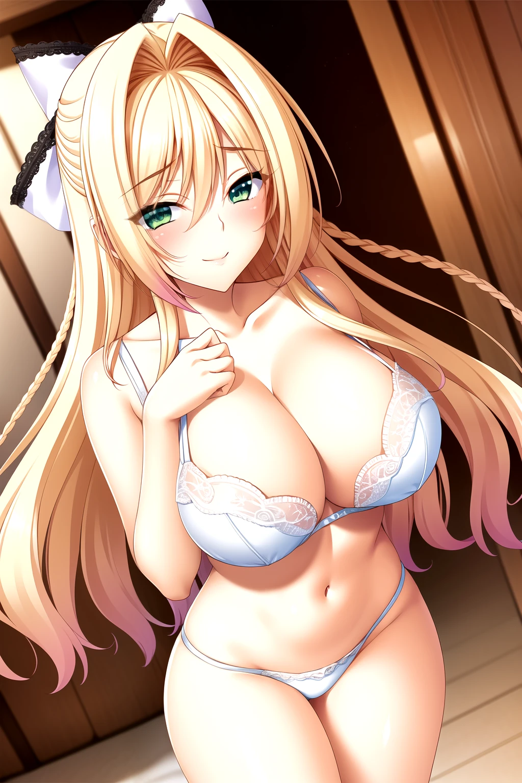 wedding veil, white bra, white underwear, wedding veil ,1 girl,20 years old, ,large Chest, Young women,Fair Finger,Fair long legs,Fair Body,Fair Nose,Fair character design, Perfect eyes, perfect Face,Expressive eyes, Looking at the audience,(lead_Body),(Focus on her Face), Official Art,Extremely detailed CG unity 8k wallpaper, Perfect Lighting,rich and colorful, bright_front_Face_Light,發Light的皮膚, (masterpiece:1.0),(the best_quality:1.0), Ultra-high resolution,4K,Very detailed, photography, 8K, Human Development Report, high resolution, absurd:1.2, Kodak Portrait 400, Film Grain, Blurred background, Bokeh:1.2, 鏡頭Light暈, (Full of energy_color:1.2) (Fair,Target_Chest:1.2), (Fair_Face:1.5),(narrow_waist), smile, happy