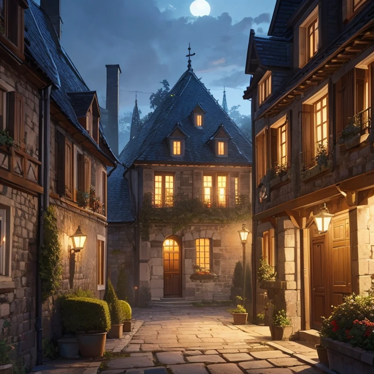 Un manoir qui sert de laboratoire, seen from outside at night, dans un style medieval fantasy et une ambiance pesante