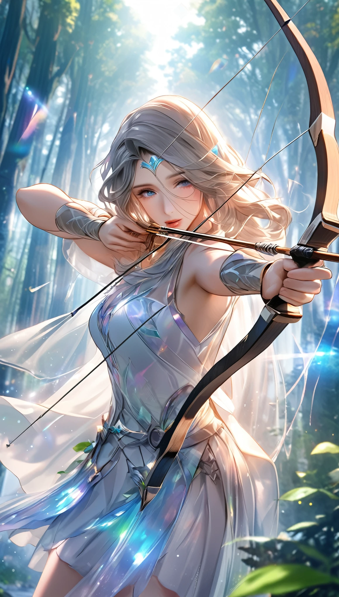 best quality, super fine, 16k, 2.5D, delicate and dynamic depiction, beautiful game character archer shoots with sacred bow and arrow, transparent and translucent and iridescent barrier creating crack, game production effects, the mysterious background of forest and city coexistence, fantasy world, prime lenses, lens filters, clear subject