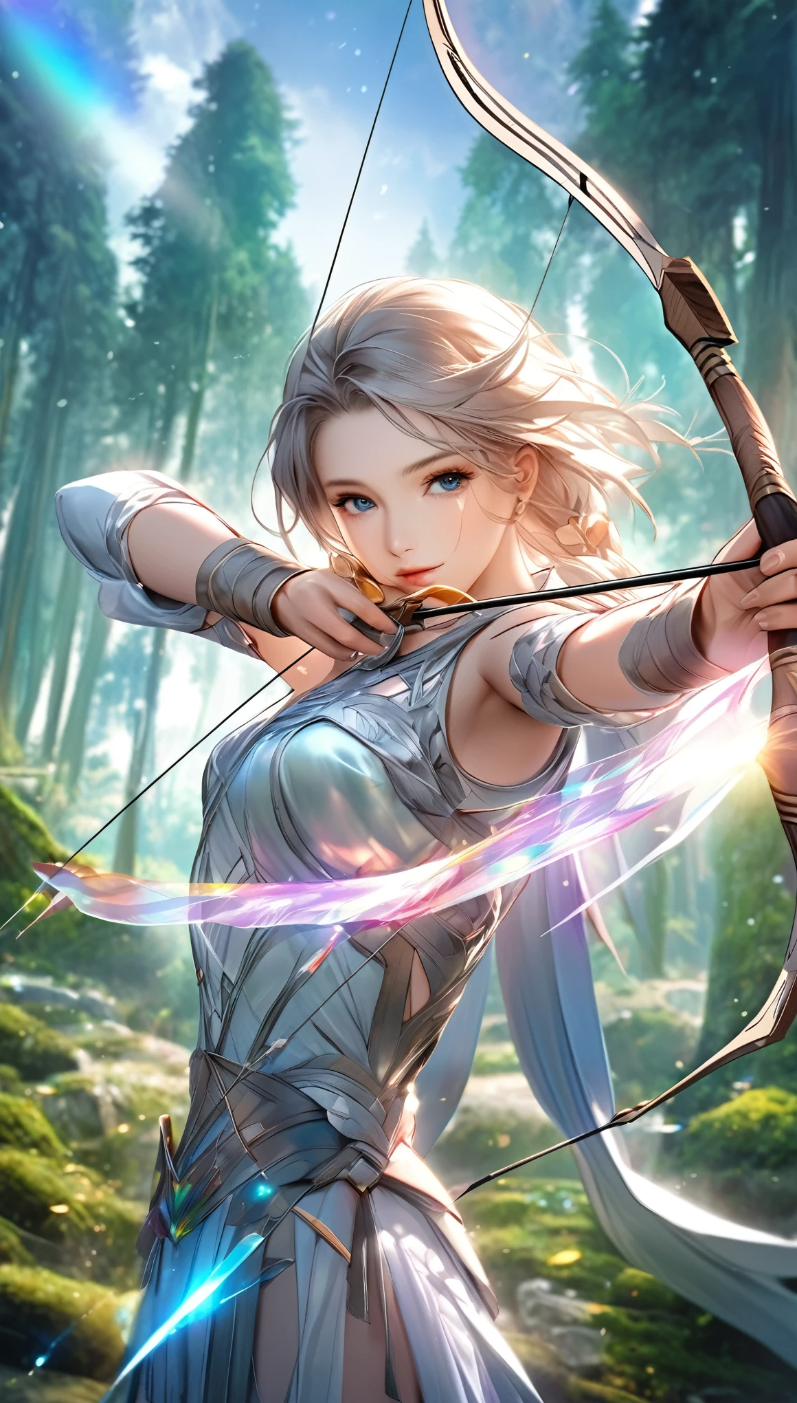 best quality, super fine, 16k, 2.5D, delicate and dynamic depiction, beautiful game character archer shoots with sacred bow and arrow, transparent and translucent and iridescent barrier creating crack, game production effects, the mysterious background of forest and city coexistence, fantasy world, prime lenses, lens filters, clear subject