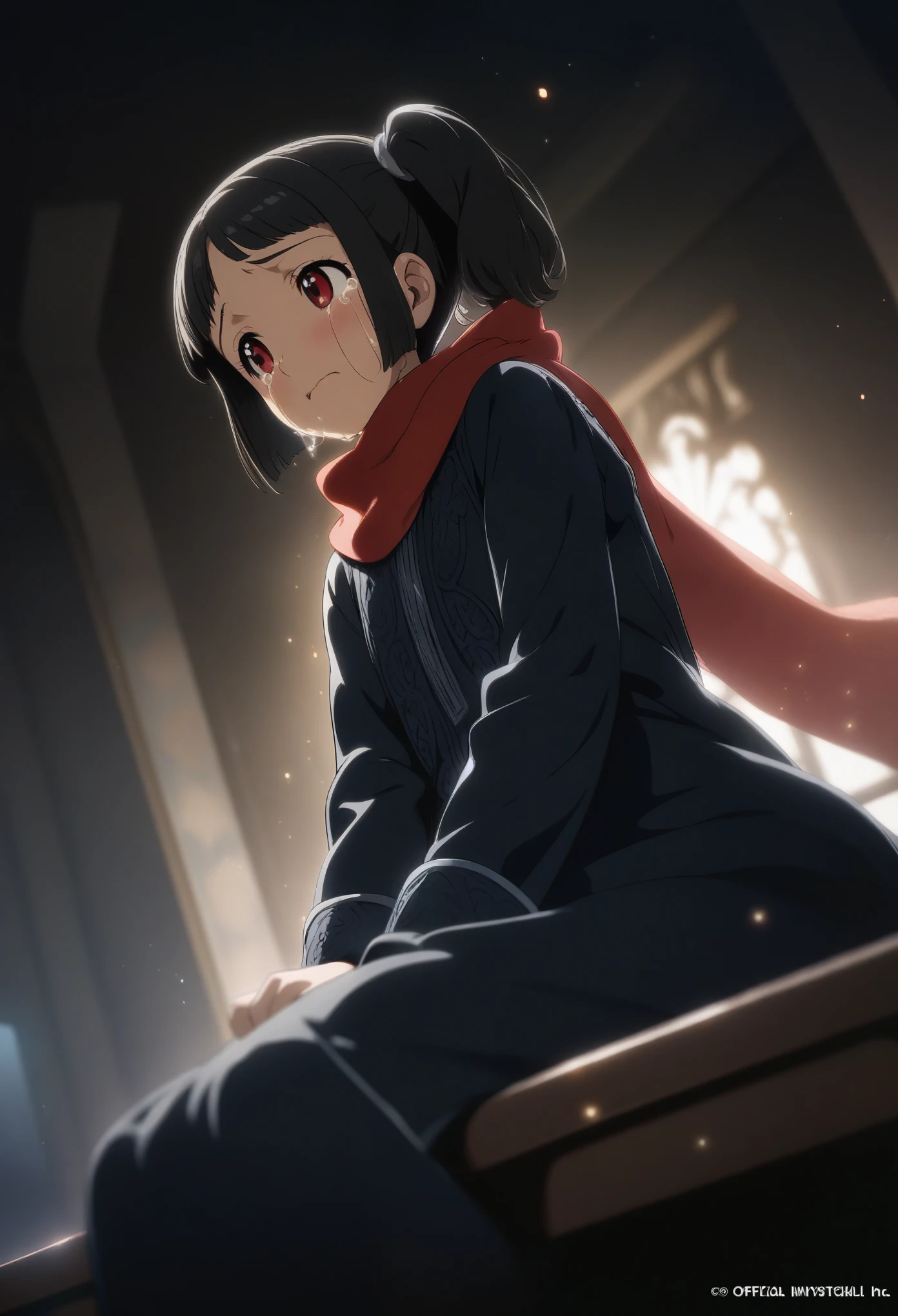 1girl shirosato, official art, sitting, crying, tears streaming, black coat, red scarf, black hair, side_ponytail, red eyes, (very aesthetic, best quality, ultra detailed), intricate details, highres, indoors, light particles, close-up, blurry background,, low angle, cinematic angle, cowboy shot, emotional, delicate features
