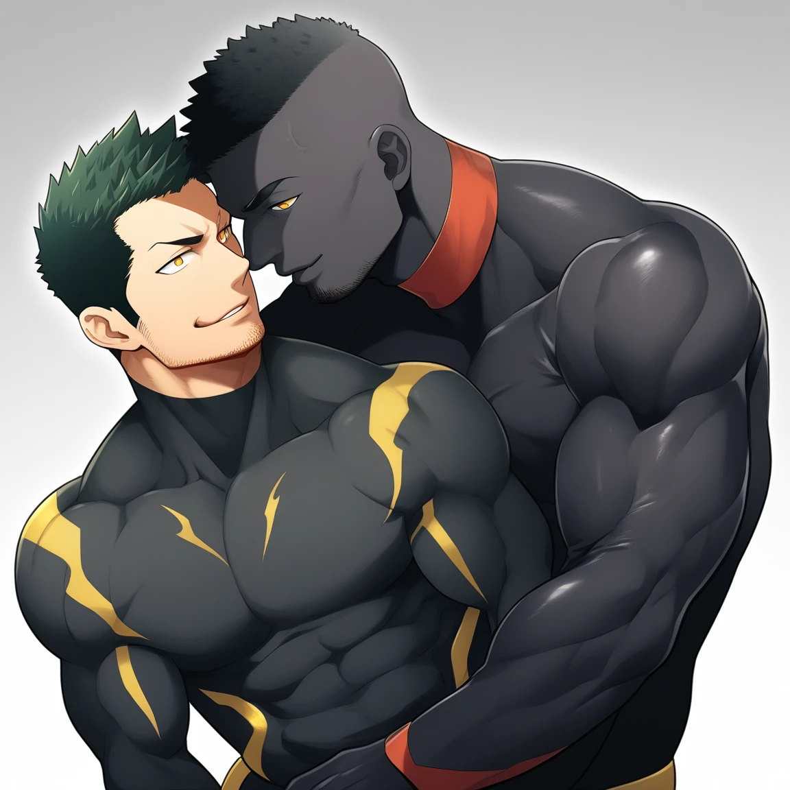 anime characters:Two superheroes in tights, Priapus and Muscle skinhead superhero, negro black skin, They hugged and kissed each other, Bite your neck, Caress, Manliness, male focus, Yellow and black high collar long sleeve tight T-shirt, Slightly transparent material, Very tight, Round, full and perky chest muscles, Muscle waist, Slightly transparent, muscular male, muscular, only, Upper body, alone, Black short hair, Thick eyebrows, stubble, Yellow eyes, Grey background, simple background, amazing quality, best aesthetics, Ridiculous, bright pupils, crew cut, parted lips, seductive smile, torogao, naughty face, drop shadow, best quality