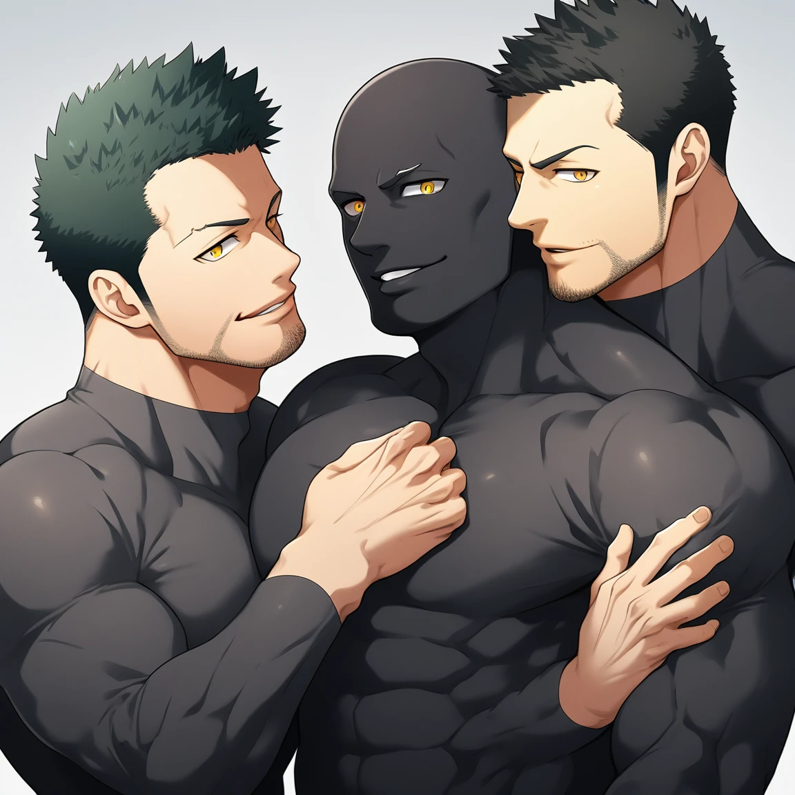 anime characters:Two superheroes in tights, Priapus and Muscle skinhead superhero, negro black skin, They hugged and kissed each other, Bite your neck, Caress, Manliness, male focus, Yellow and black high collar long sleeve tight T-shirt, Slightly transparent material, Very tight, Round, full and perky chest muscles, Muscle waist, Slightly transparent, muscular male, muscular, only, Upper body, alone, Black short hair, Thick eyebrows, stubble, Yellow eyes, Grey background, simple background, amazing quality, best aesthetics, Ridiculous, bright pupils, crew cut, parted lips, seductive smile, torogao, naughty face, drop shadow, best quality