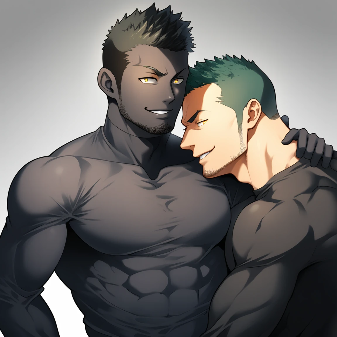 anime characters:Two superheroes in tights, Priapus and Muscle skinhead superhero, negro black skin, They hugged and kissed each other, Bite your neck, Caress, Manliness, male focus, Yellow and black high collar long sleeve tight T-shirt, Slightly transparent material, Very tight, Round, full and perky chest muscles, Muscle waist, Slightly transparent, muscular male, muscular, only, Upper body, alone, Black short hair, Thick eyebrows, stubble, Yellow eyes, Grey background, simple background, amazing quality, best aesthetics, Ridiculous, bright pupils, crew cut, parted lips, seductive smile, torogao, naughty face, drop shadow, best quality