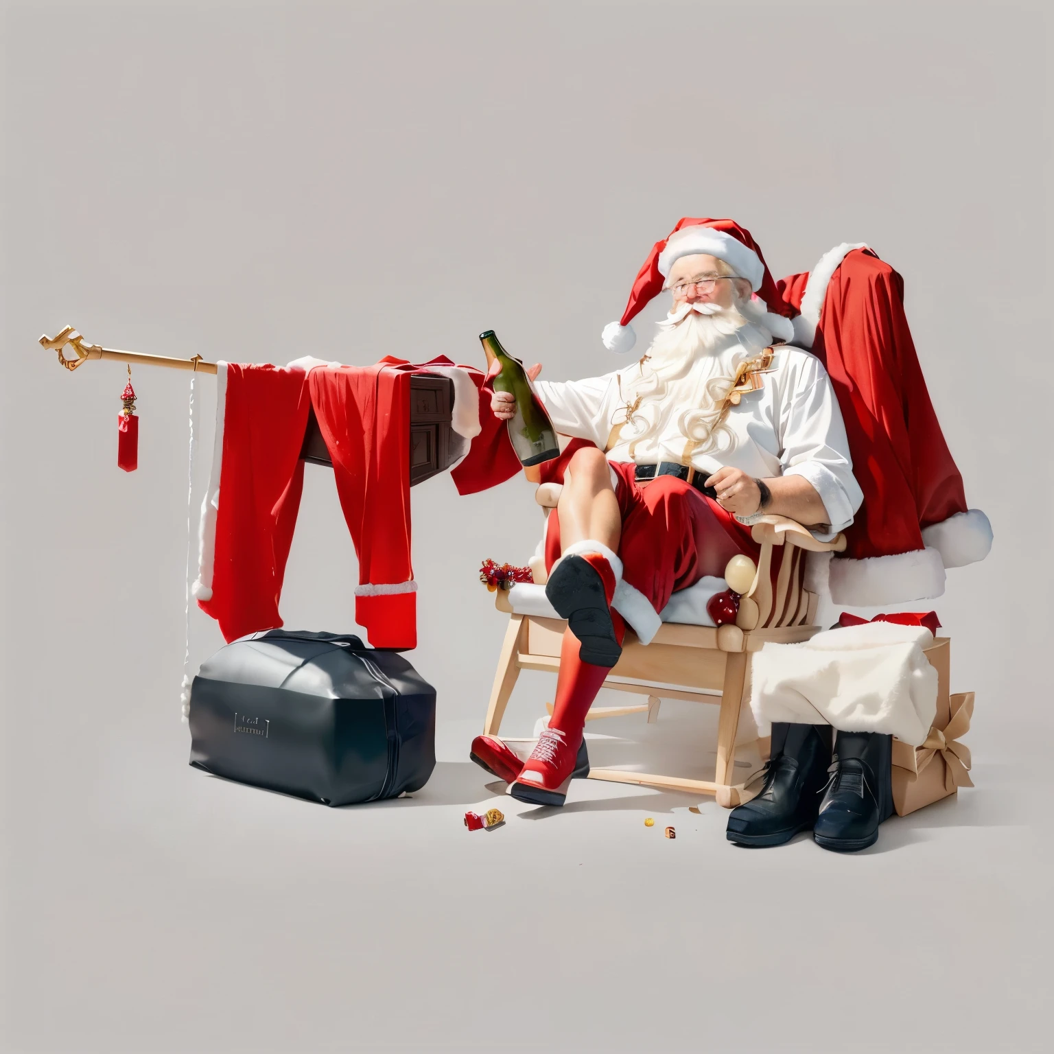 Super Fine，Ultra-delicate，Best quality，Santa Claus claus sitting in a chair with a bottle of beer and a remote control, Santa Claus, holiday, sitting on Santa Claus, Cool photos,  Created by experienced artists, Santa Claus claus, Wear festive attire, Best selection on Adobe Stock, ,Santa Claus clause, Watercolor style, ByBernardino Mei, toy，Christmas, Festive atmosphere