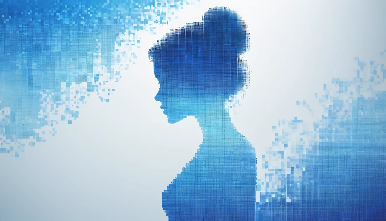 A blue gradient color dissolved pixel wall of a beautiful woman'Head,3D voxel blocks,A structure that starts intact, but gradually disintegrates into the air,Sunlight shines through the partially hollow,Background universe holographic space