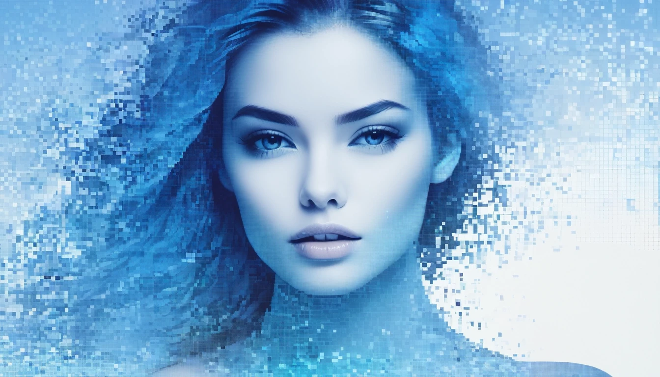 A blue gradient color dissolved pixel wall of a beautiful woman&#39;Head，3D voxel blocks，A structure that starts intact, but gradually disintegrates into the air，Sunlight shines through the partially hollow，Background universe holographic space