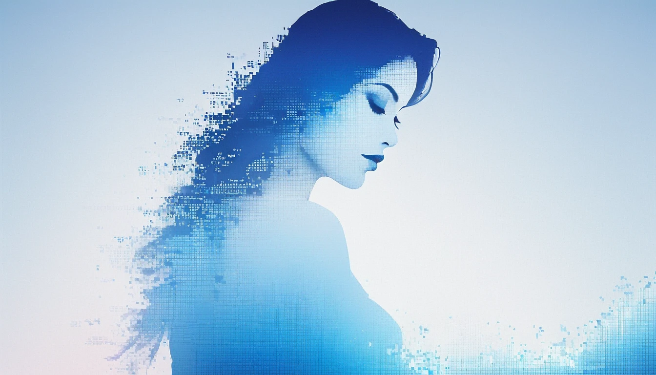 A blue gradient color dissolved pixel wall of a beautiful woman'Head,3D voxel blocks,A structure that starts intact, but gradually disintegrates into the air,Sunlight shines through the partially hollow,Background universe holographic space