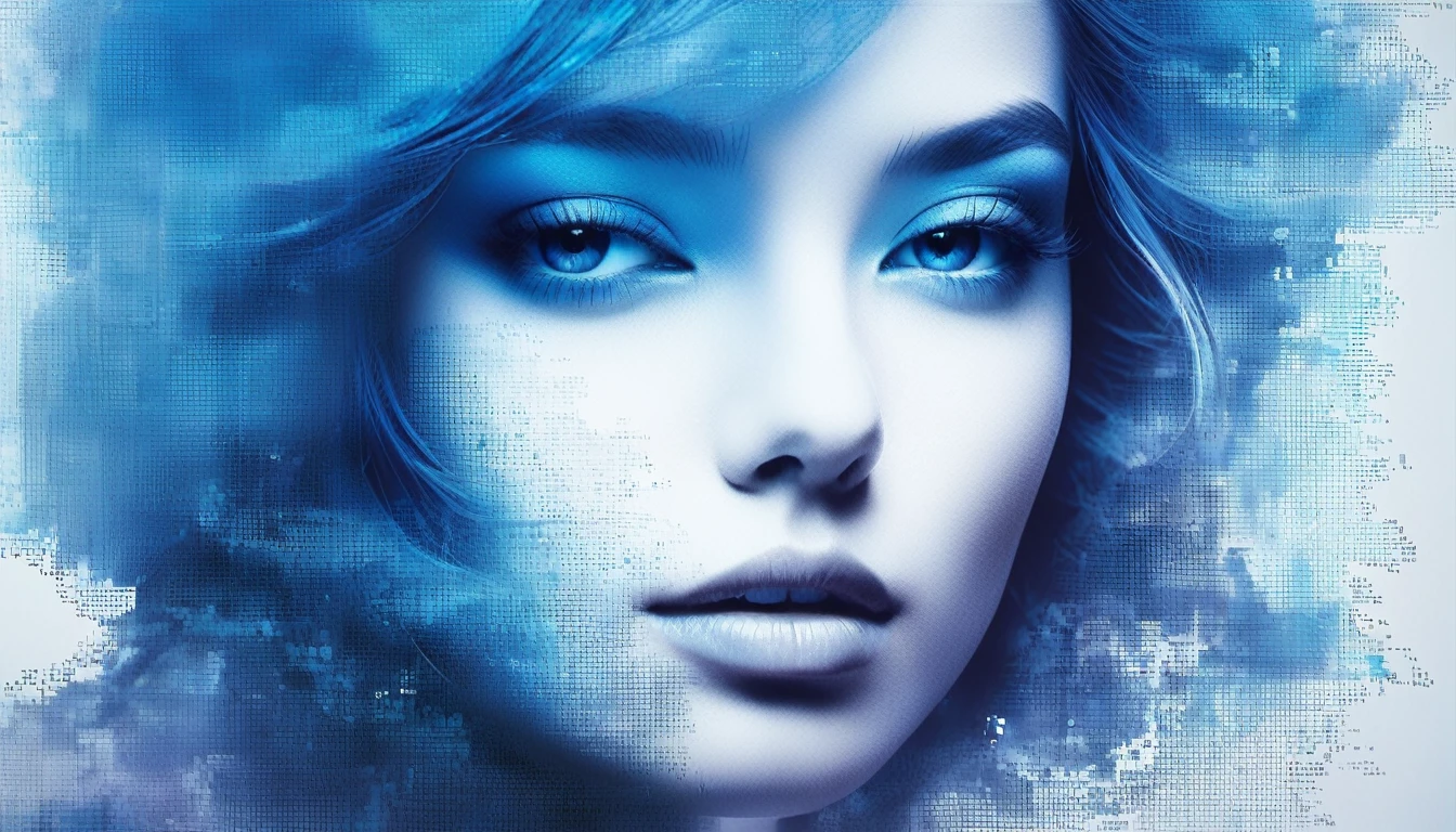 A blue gradient color dissolved pixel wall of a beautiful woman&#39;Head，3D voxel blocks，A structure that starts intact, but gradually disintegrates into the air，Sunlight shines through the partially hollow，Background universe holographic space