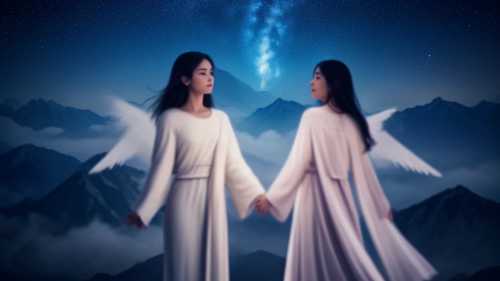 Create a mystical and spiritual scene in a 16x9 format. The central figure should be a serene, radiant person dressed in white robes, standing with outstretched arms. On either side of the central figure, place two majestic angels with large, colorful wings. The angels should be slightly turned towards the central figure, with a protective and reverent posture.
In the background, depict a majestic mountain range under a glowing, ethereal sky. Include cosmic elements like soft light rays, stars, and nebulae in the sky to enhance the mystical atmosphere. Ensure the lighting is soft and radiant, casting a divine glow around the figures.
The overall atmosphere should be calm, spiritual, and awe-inspiring, designed to attract a spiritual audience with its serene and divine qualities. The details should be realistic, capturing the elegance and grace of the figures, the majestic beauty of the mountains, and the mystical quality of the cosmic sky.