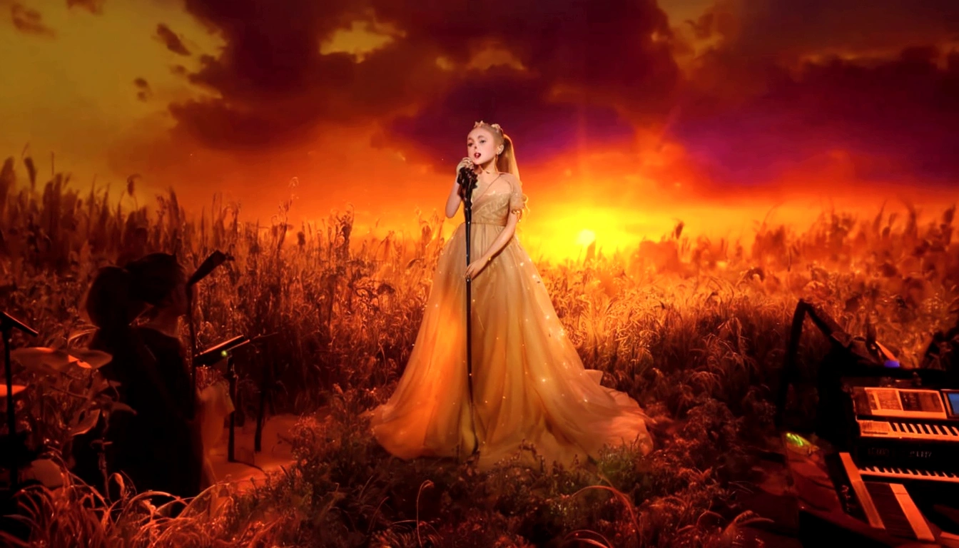 Ariana Grande, a pretty woman in a long dress singing into a microphone in a field, blonde ponytail, foreground background, performing, flowing gown, wearing a dress made of stars, bathed in golden light, sunset