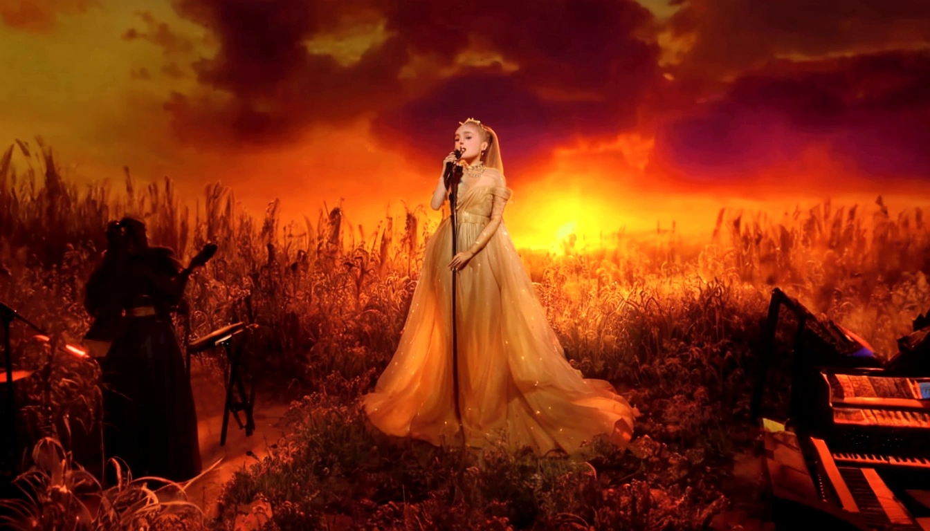 Ariana Grande, a pretty woman in a long dress singing into a microphone in a field, blonde ponytail, foreground background, performing, flowing gown, wearing a dress made of stars, bathed in golden light, sunset