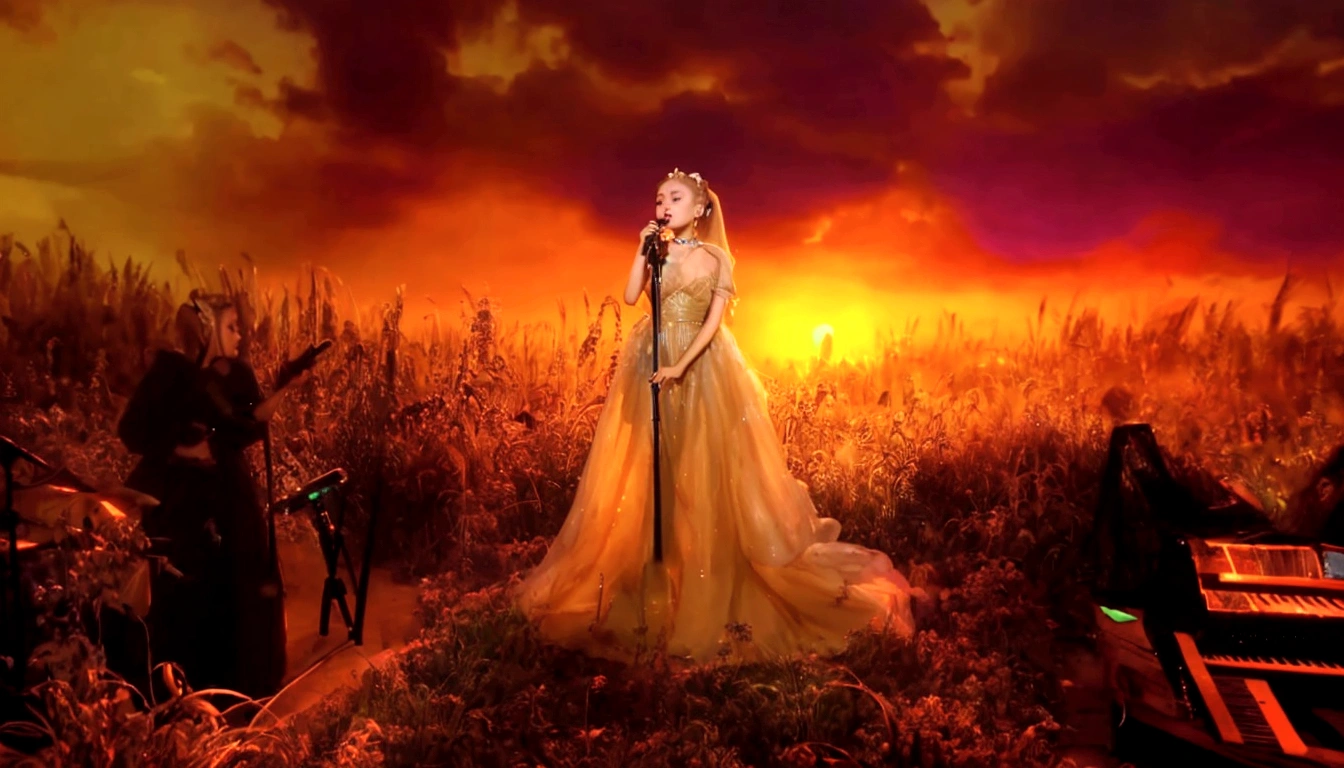 Ariana Grande, a pretty woman in a long dress singing into a microphone in a field, blonde ponytail, foreground background, performing, flowing gown, wearing a dress made of stars, bathed in golden light, sunset