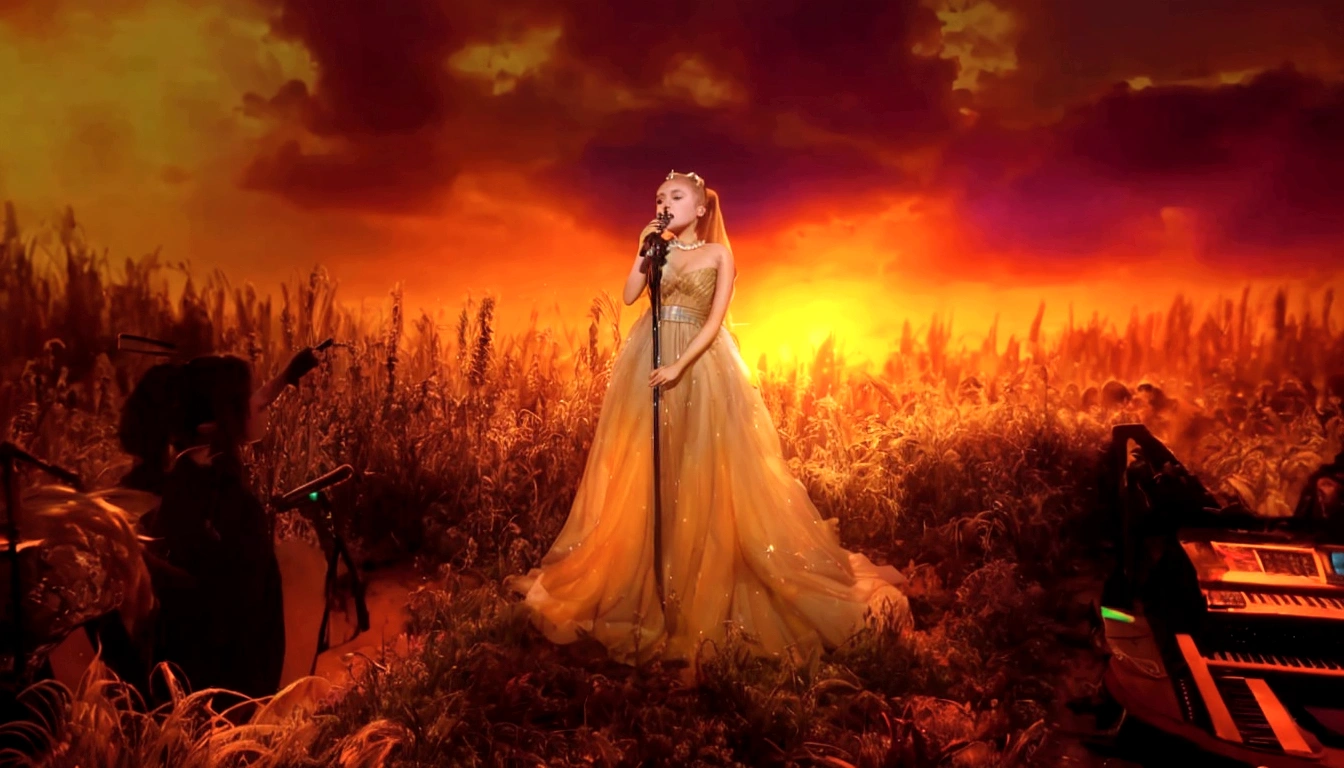 Ariana Grande, a pretty woman in a long dress singing into a microphone in a field, blonde ponytail, foreground background, performing, flowing gown, wearing a dress made of stars, bathed in golden light, sunset