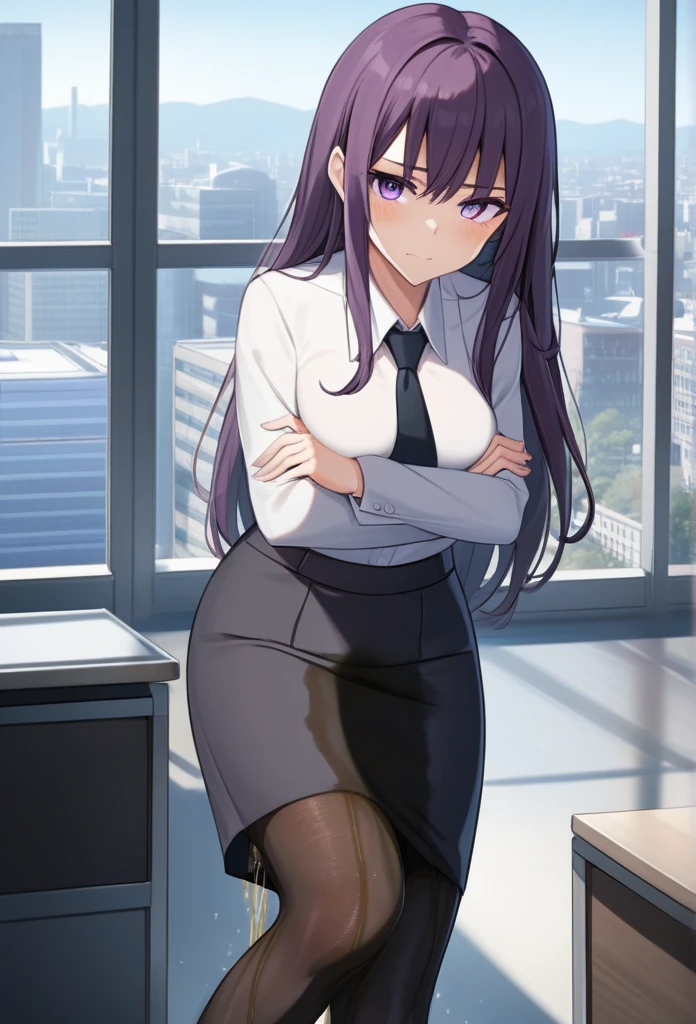 (masterpiece:1.37), best quality, (extremely detailed:1.37), office, window overlooking a bustling cityscape, woman, (mature:1.75), (very long hair:1.25), dark purple hair, purple eyes, (extremely detailed eyes:1.37) shining eyes, breasts, business suit, necktie, (very long pencil skirt:1.5), pantyhose, (wetting herself:1.5), standing, (arms crossed:1.5), (desperation:1.75), dignified, stoic expression, full body, high heels, day, daytime, glow, looking at viewer, perfect composition, Perfect light and shadow, 8K