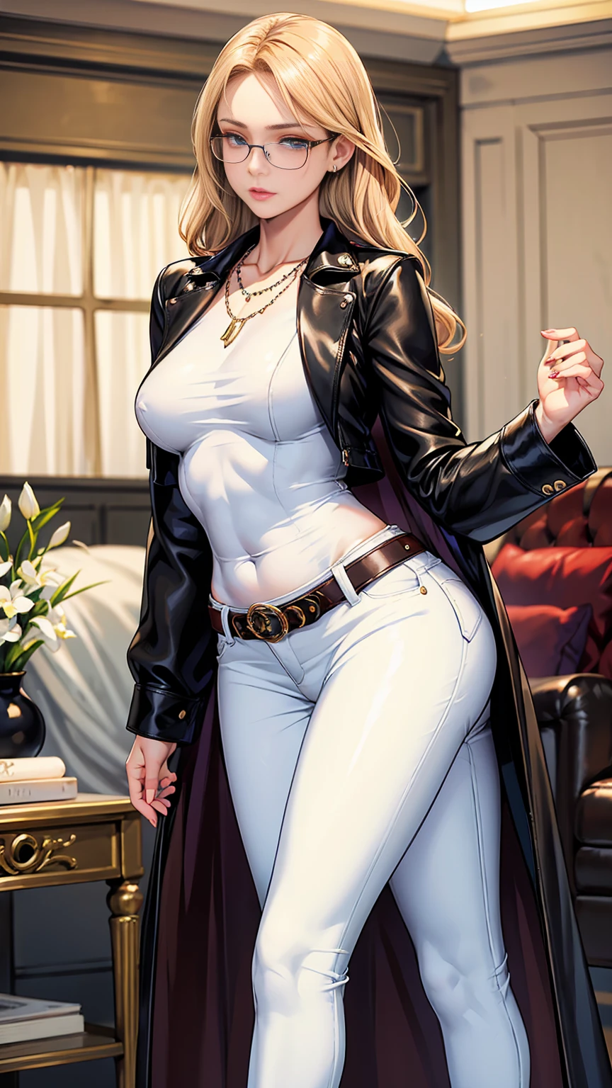 Beautiful girl with mid straight blond hair with blue eyes wearing Tight Jeans Skirt With Leather Belt, White Mid Sleeves Secretary Shirt, luxurious jewelry and luxurious necklace, rimless glasses, high heel boots, standing in her living room at night, (caucasian skin), (light brown lipstick), (elegant mascara), (slim body with abs), (small breasts), (wide hips), midjourney, <lora:GoodHands-, <lora:GoodLegs-, UHD, high resolution, (masterpiece:1.9, best quality), (expressive eyes, perfect face, full body, expressive face, perfect body, perfect pussy, athletic, fit, slim body, blushing, Perfect makeup, eyeliner, beautiful eyelashes, smiling, horny face), ((best illumination, best shadows)), ((sexy pose)), (())
