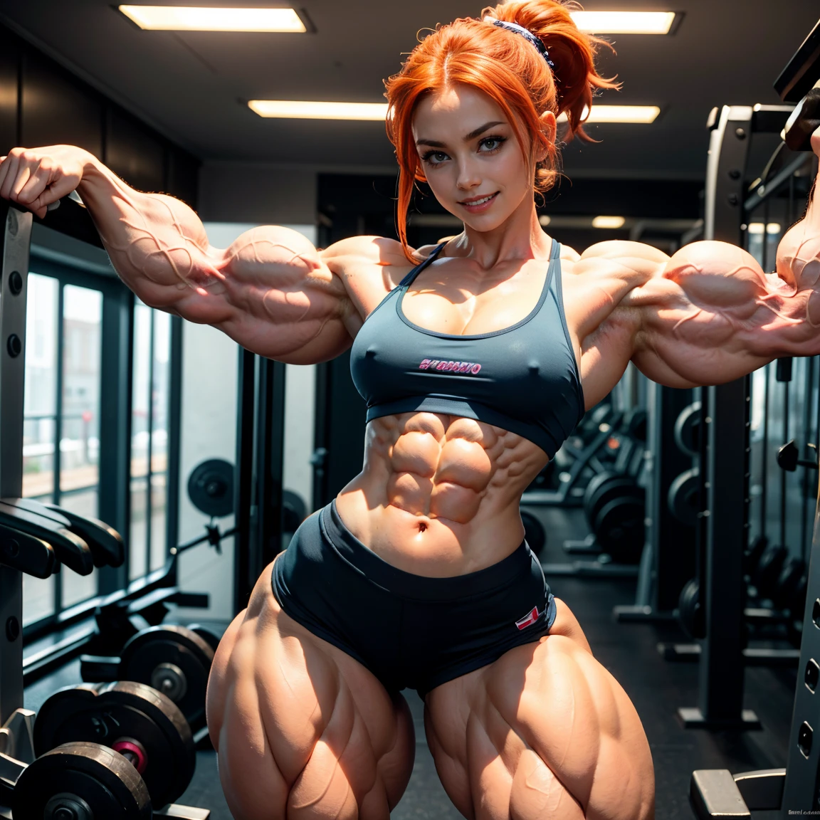(Muscular:2), (thick muscular thighs, wide hips:2.1), (one ginger female, red hair:1.5), (arm band:1.6), ponytail, adult, eyeshadow, lipstick, bokeh, (freckles:0.9), (upper body view), (striations), (hard nipples:1.3), small breasts, (perky breasts:1.4), (colorful gym attire, tight booty shorts, cleavage:1.5), (sculped muscles:1.7), detailed eyes, active pose, (athletic body:1.5), (muscular body:2), (looking at viewer), (seductive smile:1.4), dark bedroom, (dawn lighting), rim lighting, two tone lighting, dimly lit, clean skin, low key (DETAILED SKIN), (one girl, solo:1.8)
