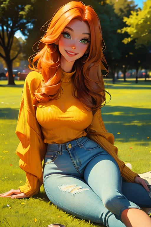 Perfect face, Perfect hands. An orange haired woman with green eyes and an hourglass figure in a yellow sweater and jeans is laying on the grass in the park with a big smile
