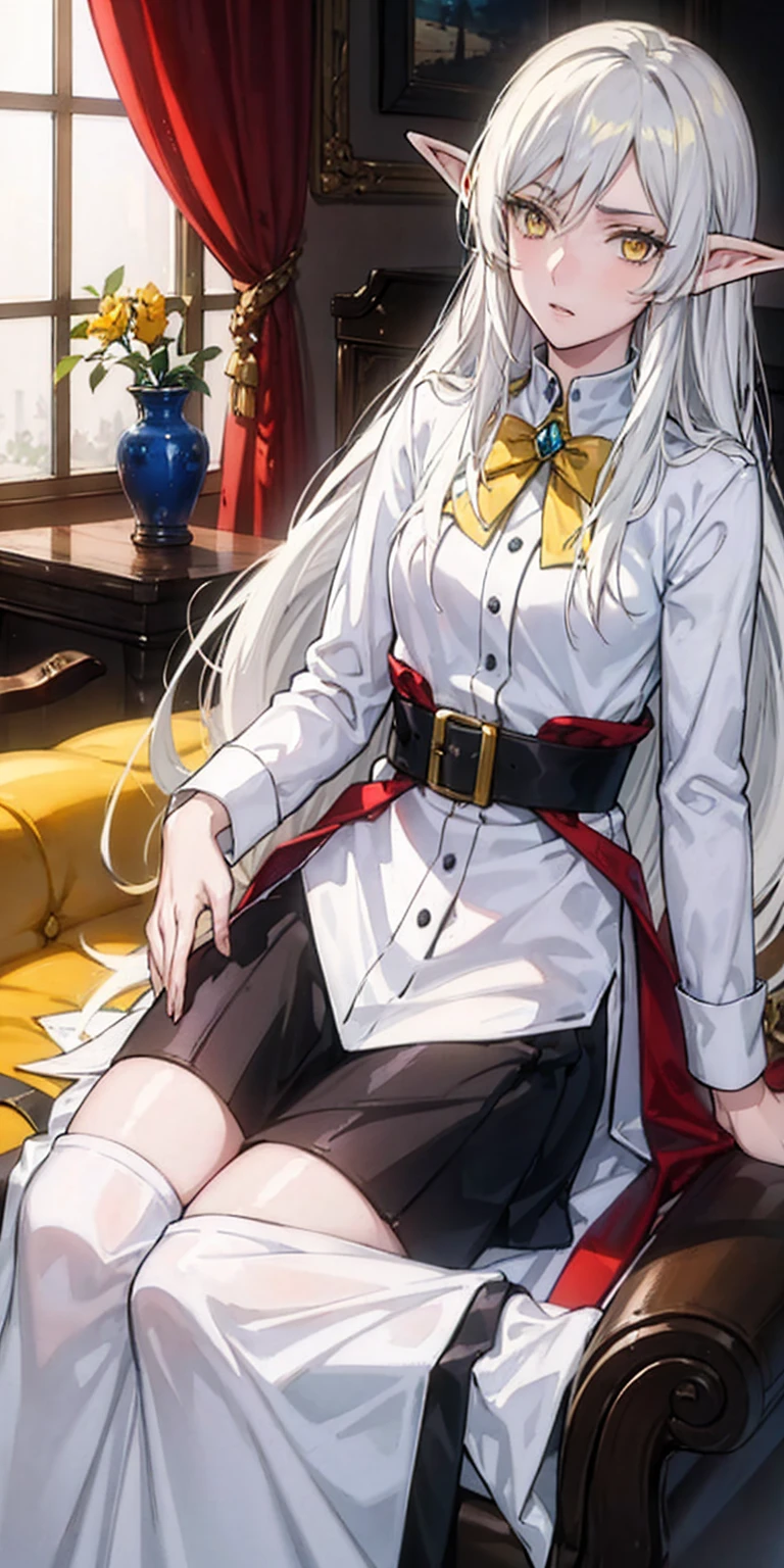 masterpiece, best quality, high quality,Erwin,elf,long hair, white hair, yellow eyes