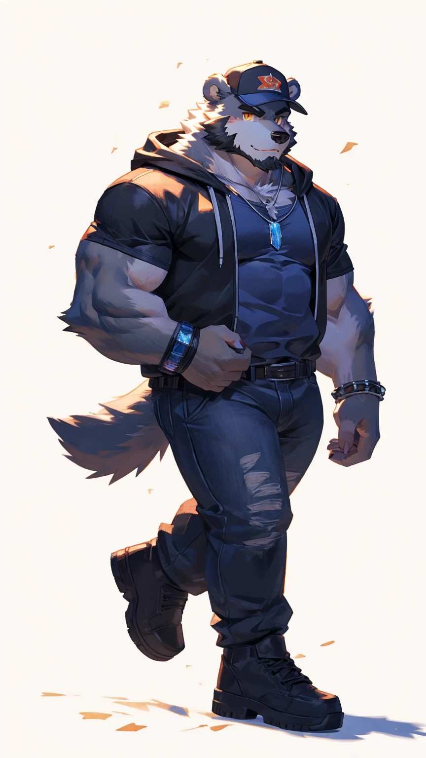 (masterpiece:1.2), best quality,pixiv,official art,perfect anatomy, (Ray tracing, light),solo, (1_male:1.3) , (muscle), (grey fur:1.4), (muscle bear), (beard:1.2), (gleaming golden eyes), bear tail, full body, Thick black eyebrows, baseball cap, (open short hoodie), (naked inside),Ripped short jeans, black short boots, (pure white background: 1.3),crystal necklace ,one leather bracelet