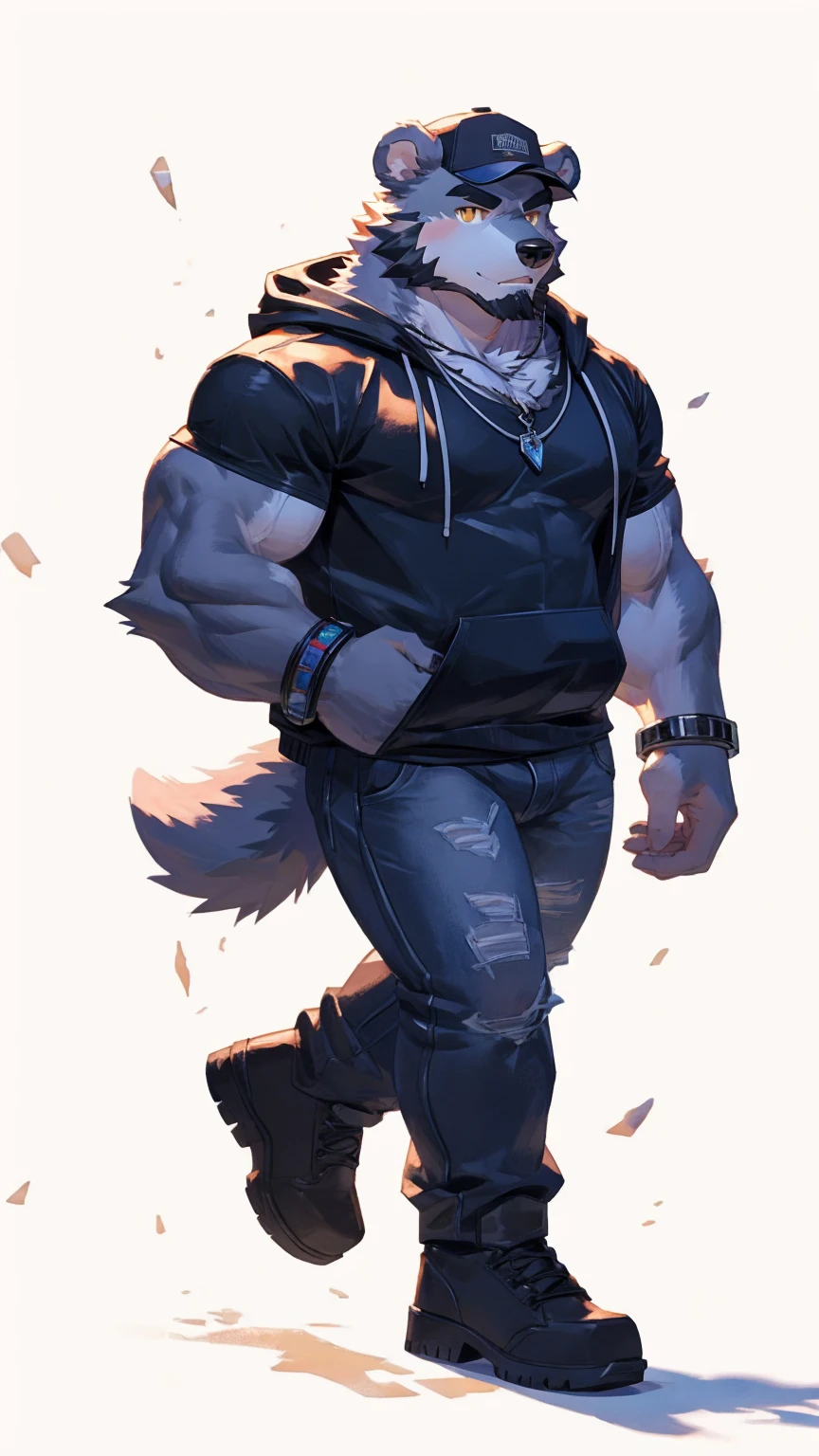 (masterpiece:1.2), best quality,pixiv,official art,perfect anatomy, (Ray tracing, light),solo, (1_male:1.3) , (muscle), (grey fur:1.4), (muscle bear), (beard:1.2), (gleaming golden eyes), bear tail, full body, Thick black eyebrows, baseball cap, (open short hoodie), (naked inside),Ripped short jeans, black short boots, (pure white background: 1.3),crystal necklace ,one leather bracelet
