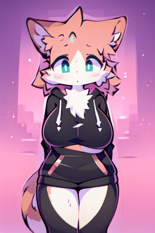 1girl, undersized hoodie, undersized shorts, any fur color and pattern, any eye color and pupils, massive breasts and hips and butt, cat