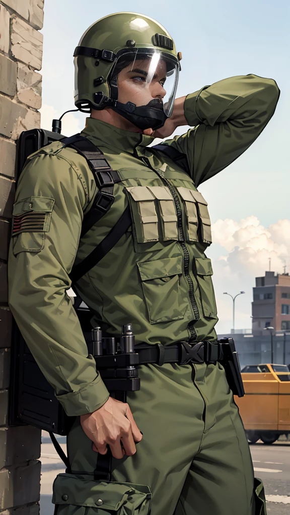 olive green armed guard with helmet and riot shield looking angry at me