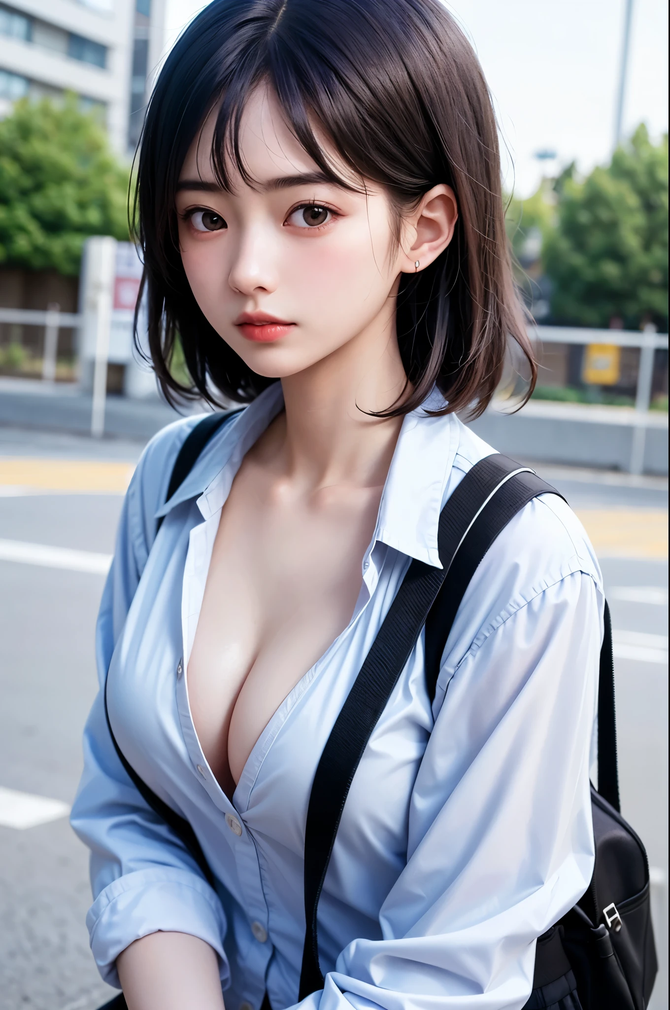 (1 nogizaka girl,15years old face,raw photo,photo realistic:1.5),(best quality, high quality,HDR, highest quality,ultra high resolution,high resolution,high res,ultra high difinition,huge file size,8K,2K wallpaper,8K wallpaper,high quality texture,amazing,an extremely delicate:1.4),one girl, Japanese famous idol,cute face,small face,absurd,ridiculous,incredibly ridiculous,blurry background,(school uniform,short hair,cleavage,no makeup:1.2),medium skin,beautiful skin,detailed skin,black hair,silky hair,black eyes,Japanese nose,5-fingers,(Light Particles, Lens Flare, Luminous Particles: 0.7),looking at viewer,bright lighting,professional lighting,girl