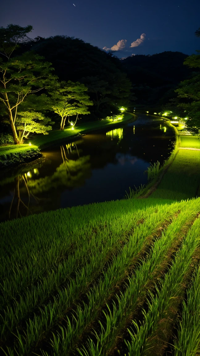 Japan、countryside、Rural Scenery、Style、night、Paddy field、river