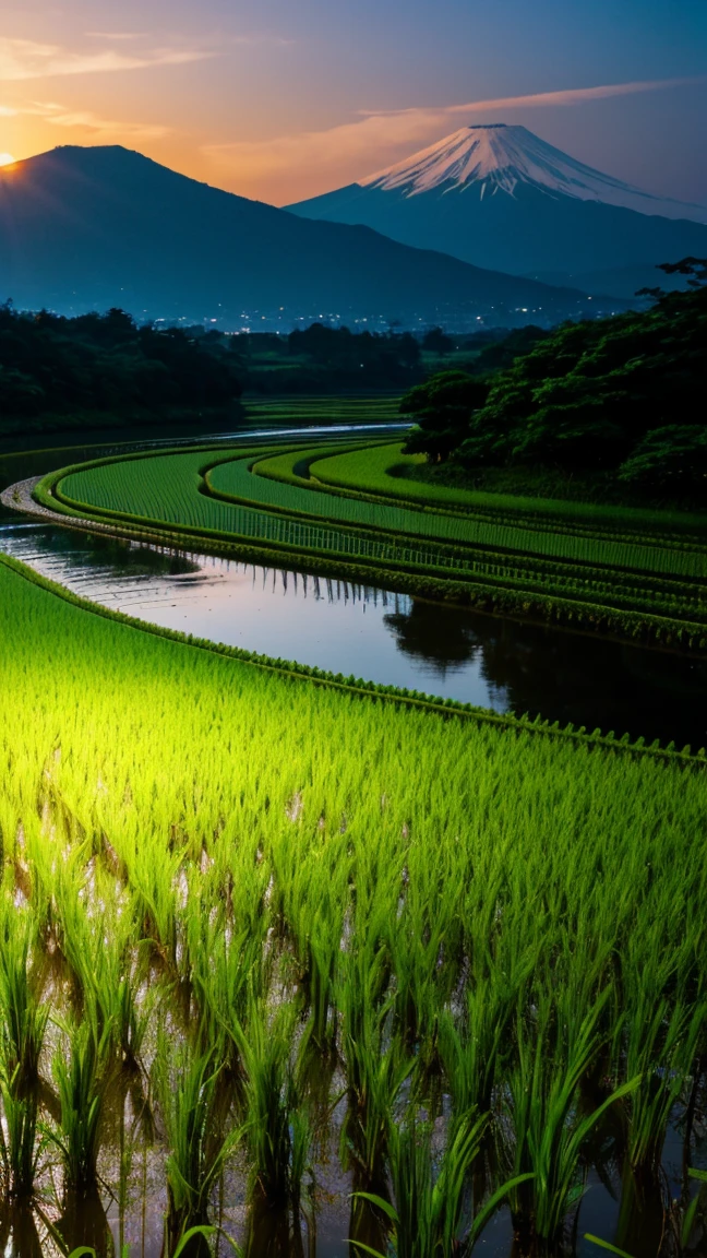 Japan、countryside、Rural Scenery、Style、night、Paddy field、river
